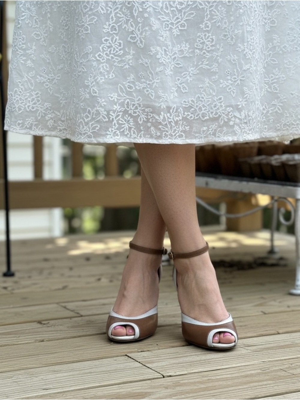 Brown and White Peep-Toe Ankle-Strap Heels by Tahari